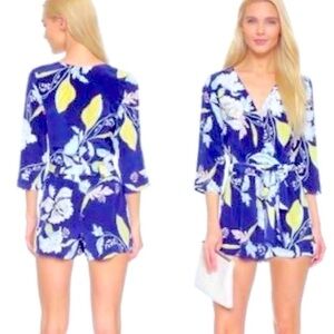 YUMI KIM Silk Liz Romper Eastern Garden Royal Blue Large 3/4 Sleeve VNeck Shorts